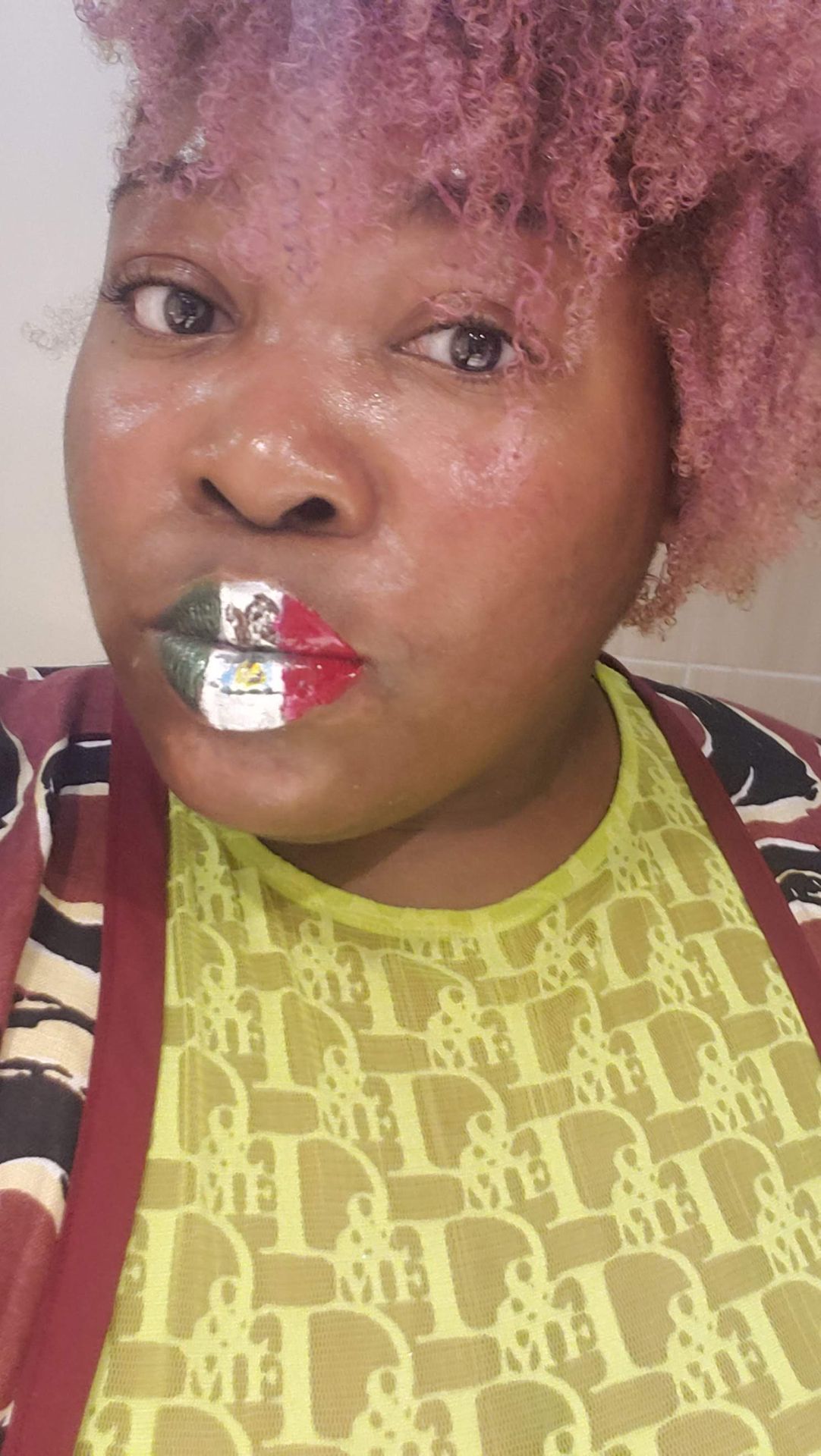 Woman with warm brown skin and white crystal lip centerpiece