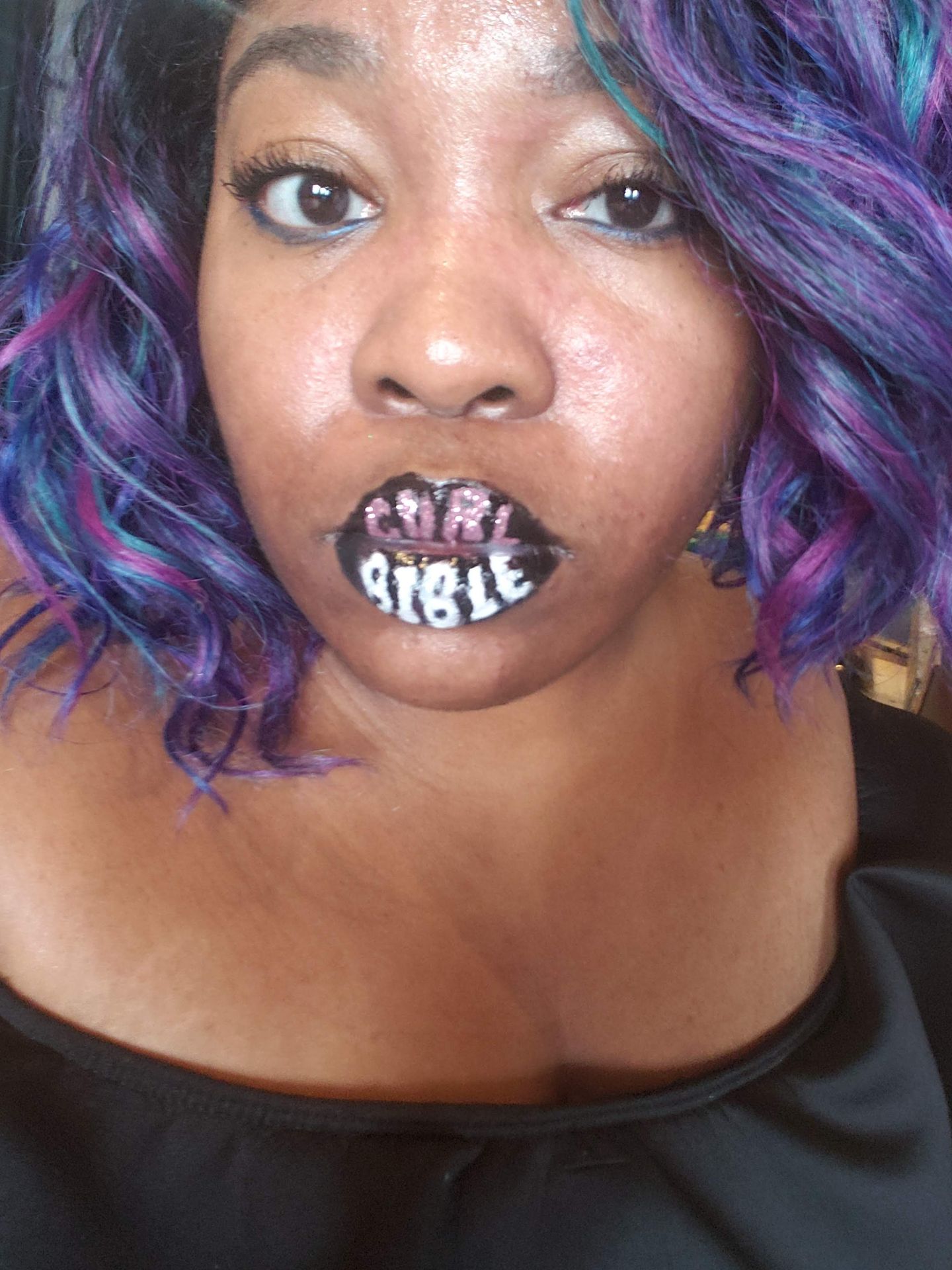 Woman with violet hair wearing pearl-white crystal lip centerpiece
