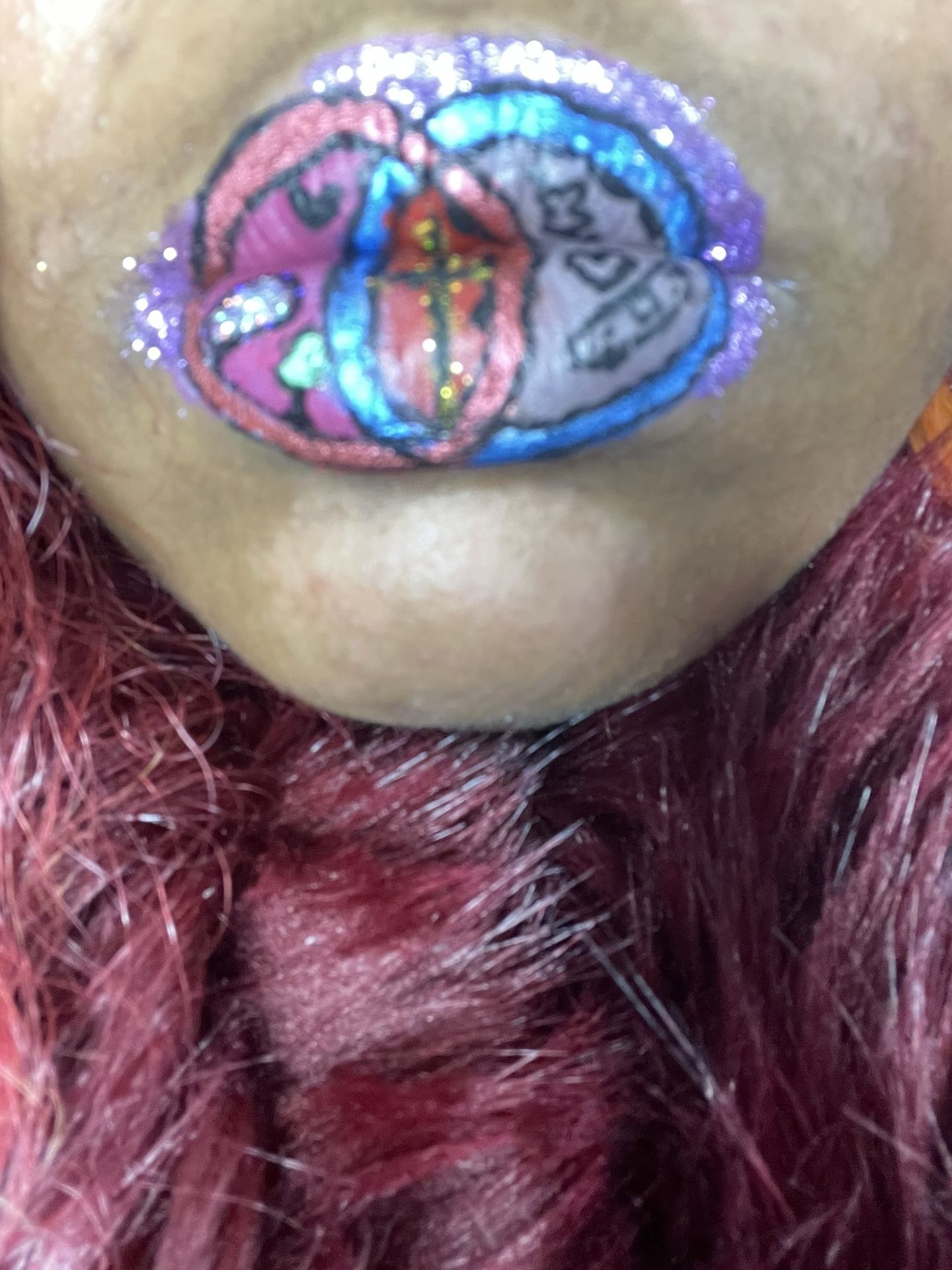 Close-up of circular multicolor stained-glass lip art