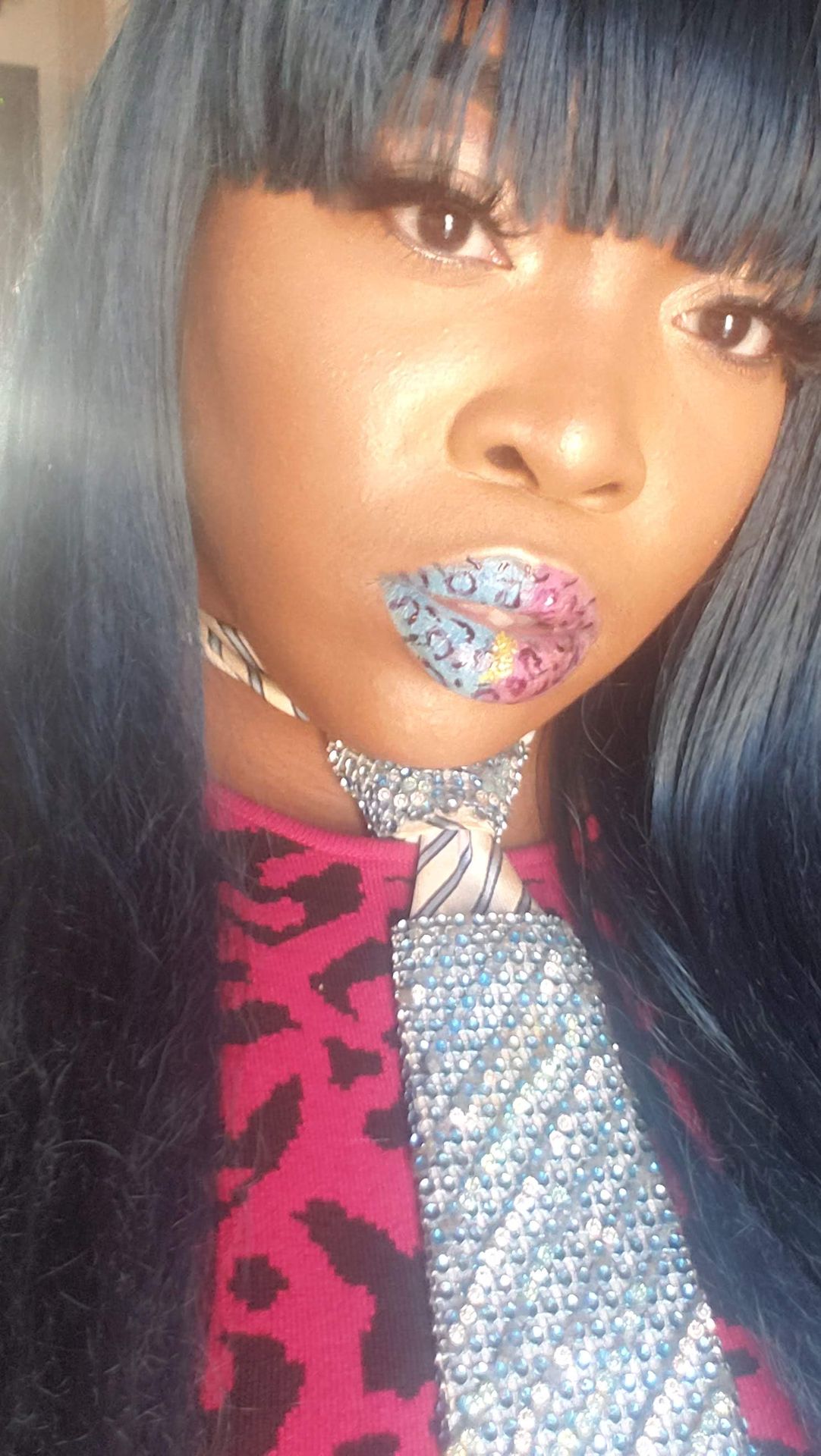 Woman with lavender hair and pastel crystal lip pattern