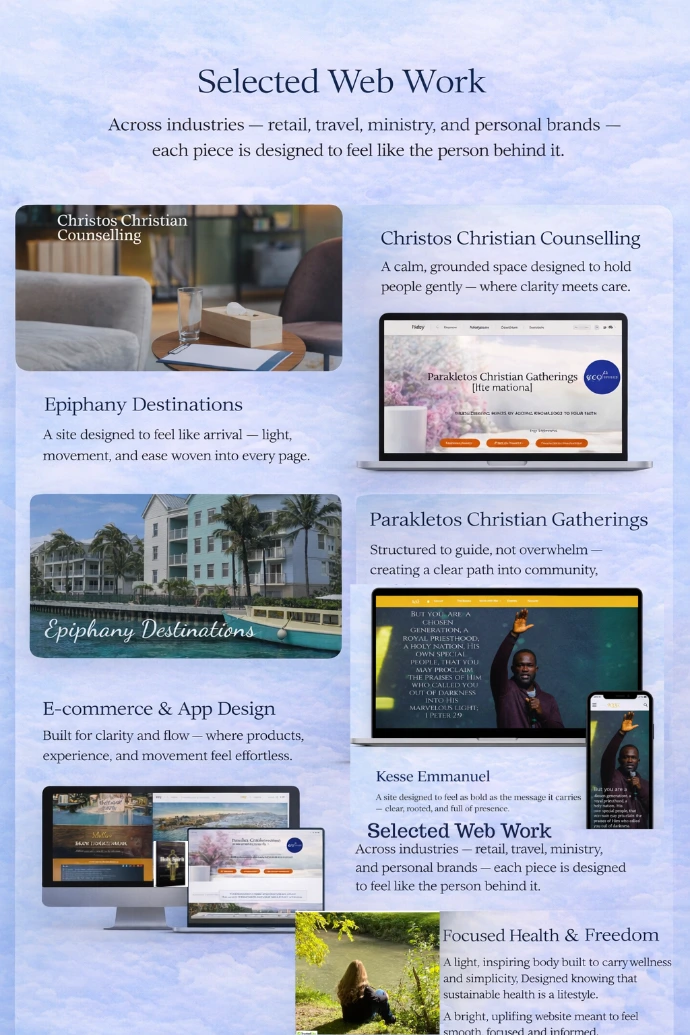 Web design portfolio showcasing business, ministry, and personal brand websites