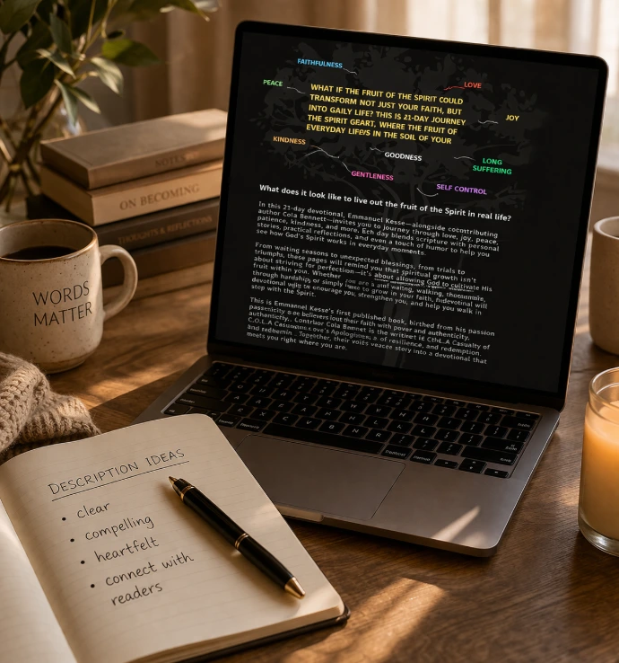 Laptop showing book manuscript and description editing workspace
