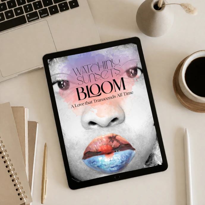 Digital book cover displayed on tablet with notebook and coffee beside it