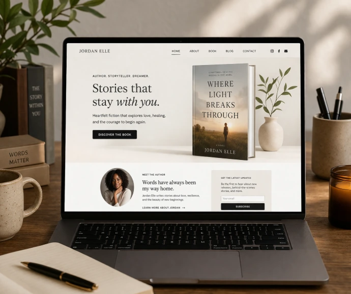 Author website layout displaying book, bio, and purchase links
